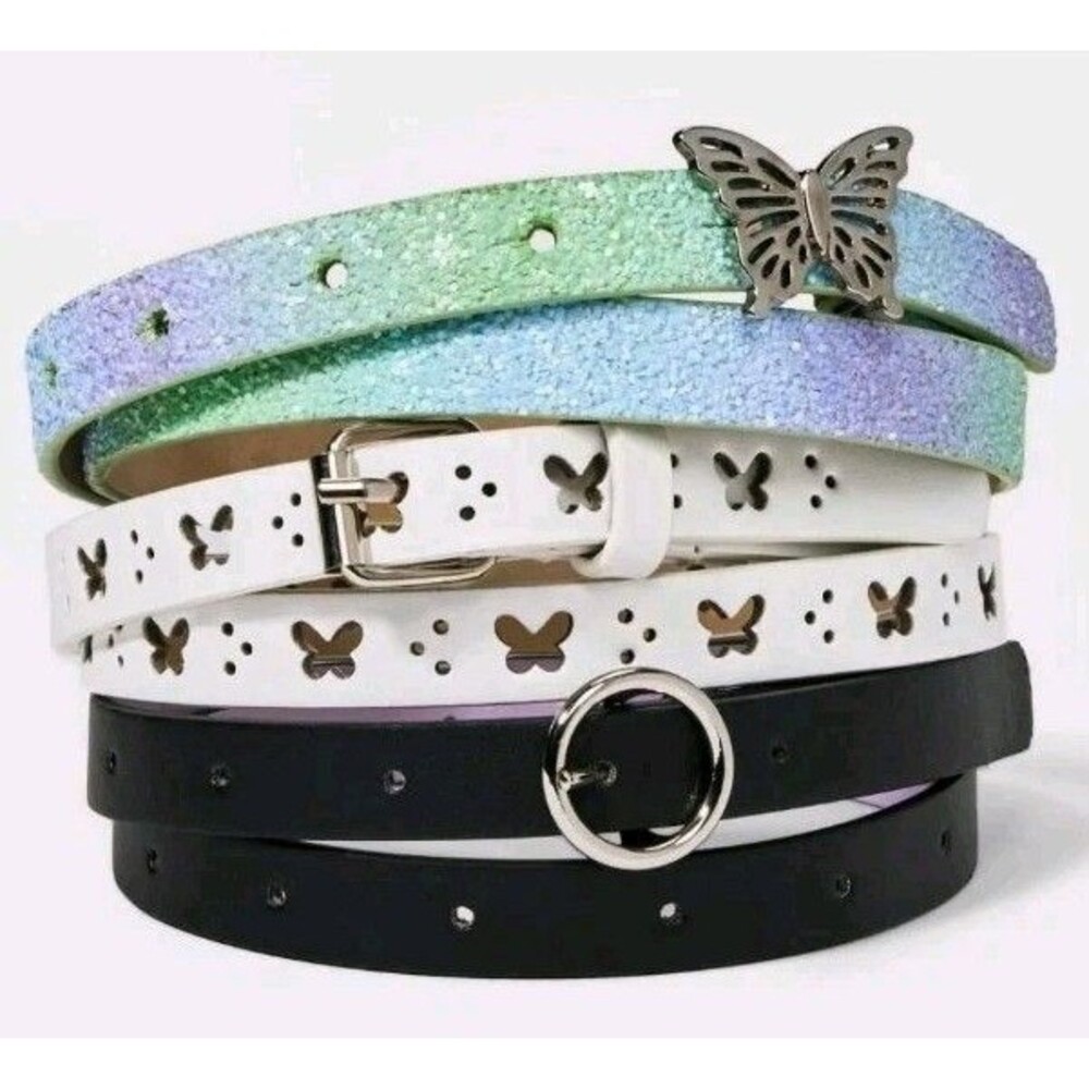 Cat & Jack Kids Girls 3pk Butterfly Rainbow Belt Set Glitter Iridescent...